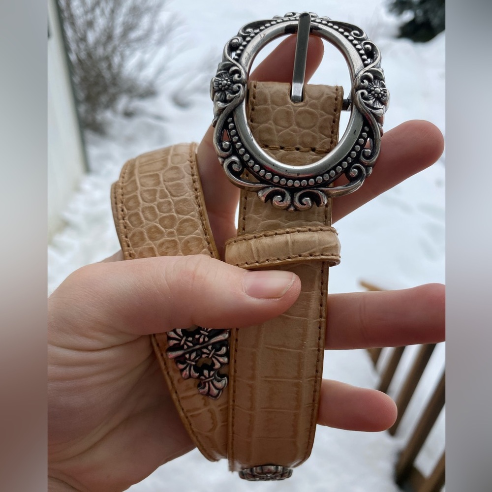 Light tan Coldwater Creek leather belt with silver embellishes